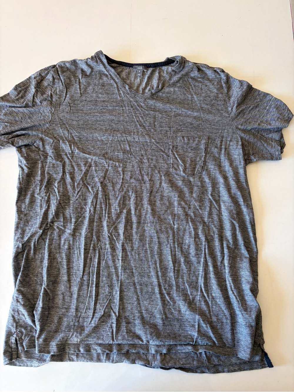 Vince Men's Pima Cotton gray white striped v-Neck Short Sleeve pocket T-Shirt XL
